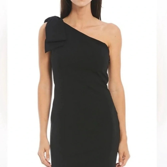 NWT Marina Asymmetric Neck One Bow Shoulder Sleeveless Stretch Crepe Dress - Picture 3 of 10